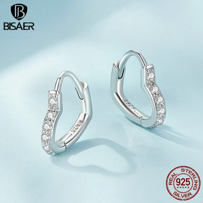 BISAER 100% 925 Sterling Silver Heart Hoop Earrings Pavé Setting Zircon Ear Clip Plated Platinum For OL Women Party Fine Jewelry