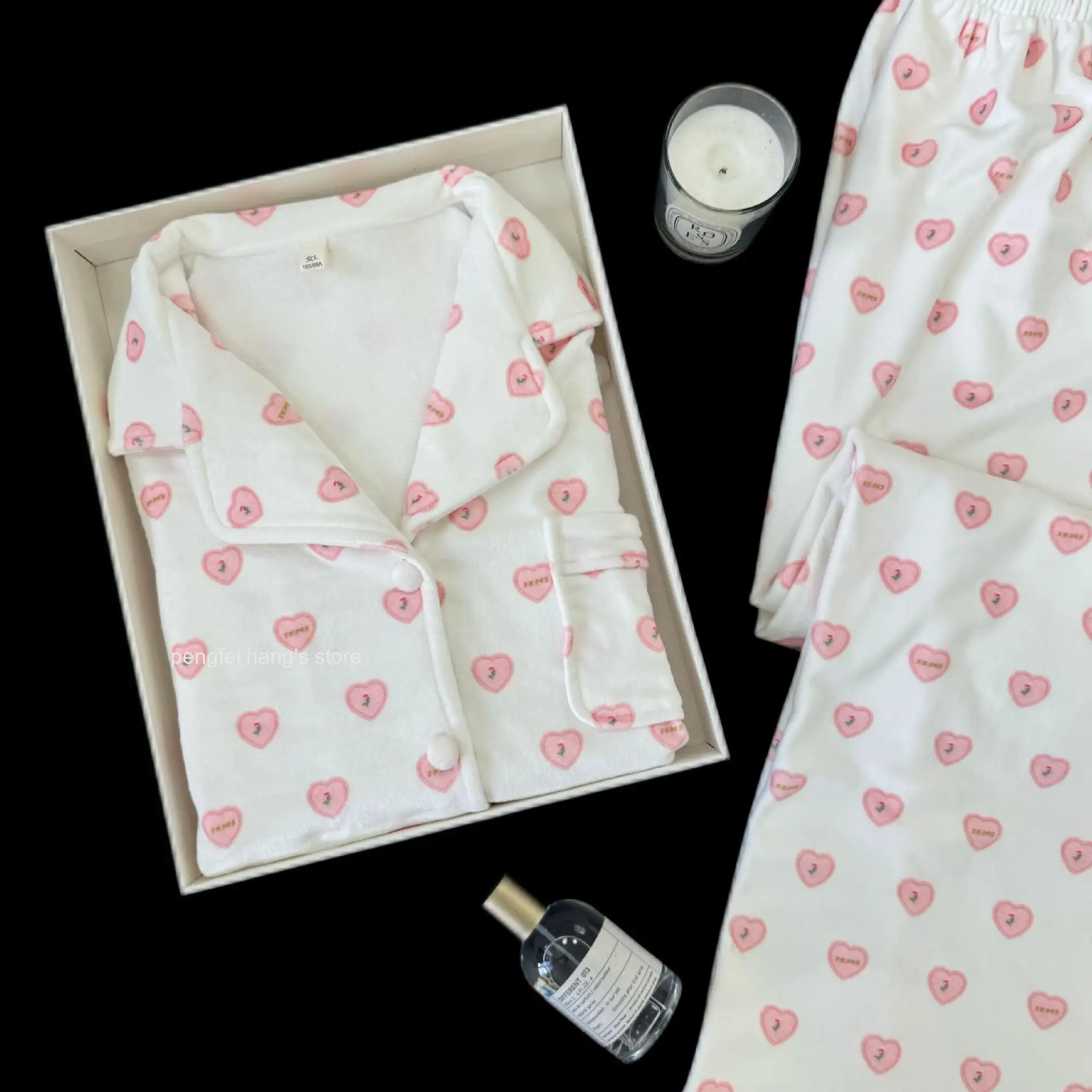 Women Island Velvet Pajama Set, 2026 New Winter Sweet Pink Small Heart Print Lapel Warm Homewear Loungewear for Ladies