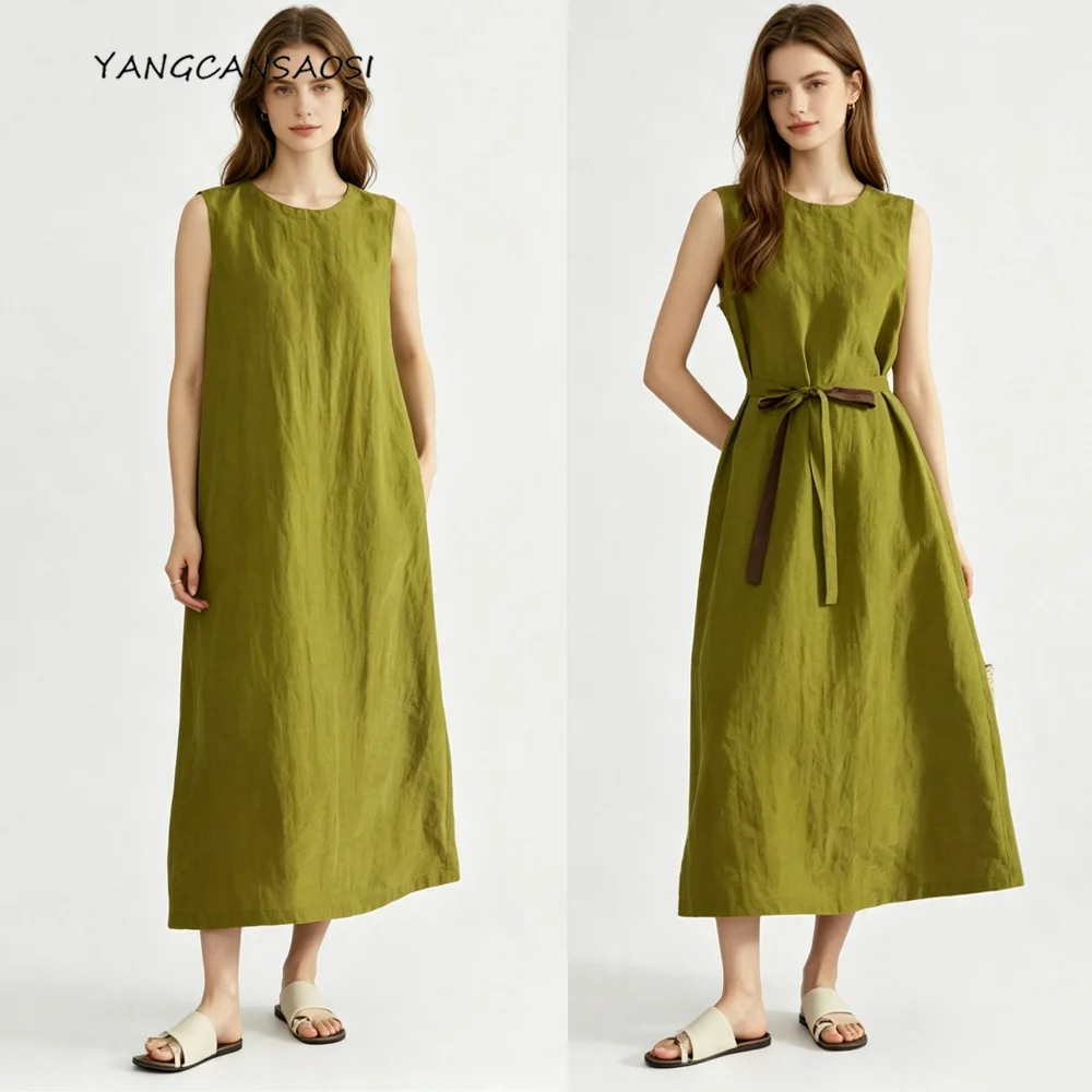 2026 Women's Fashion Summer New 100% Natural Mulberry Silk Gambiered Guangdong Gauze Crackle Pattern Round Neck Tank Top Dress