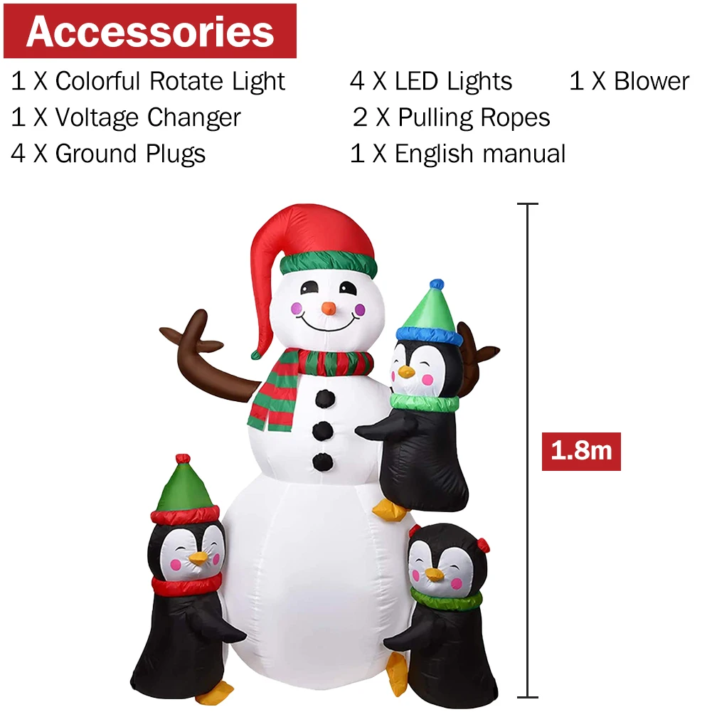 1.8M/6FT Xmas Inflatable Ornament Snowman 3 Penguin Build-in LED Lights Christmas Indoor Party Outdoor Garden Props Decoration