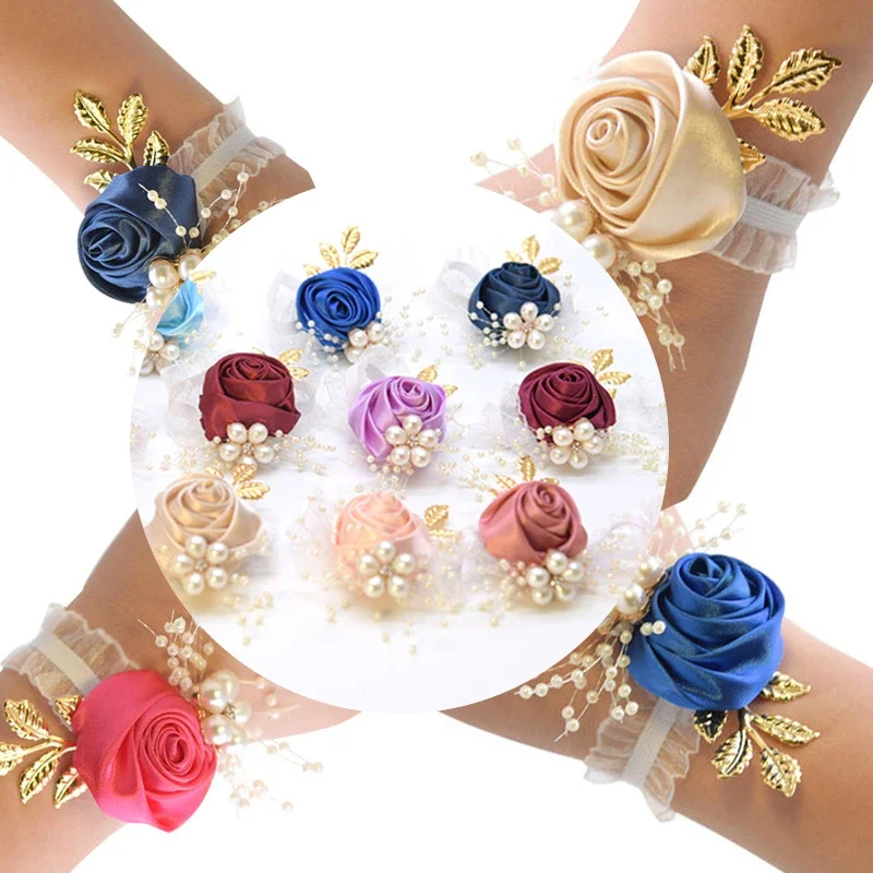 Meisjes Bruidsmeisje Pols Bloemen Bruiloft Prom Party Boutonniere Satijn Roos Armband Stof Hand Bloemen Bruiloft Supply Accessoires