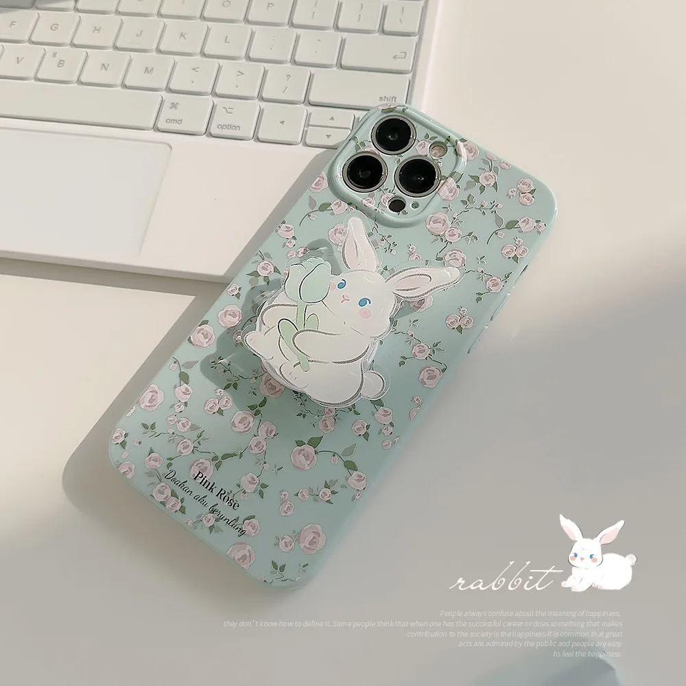 Koreanische Rose Blumen Niedliche Cartoon-Häschen-Halterung Handyhülle für iPhone 15 16 14 13 12 11 Pro Max Weiche Silikon stoßfeste Abdeckung