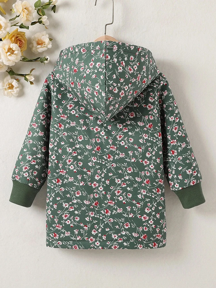 Girls Floral Warm Button Cardigan Children\'s Autumn and Winter Fleece Hooded Jacket