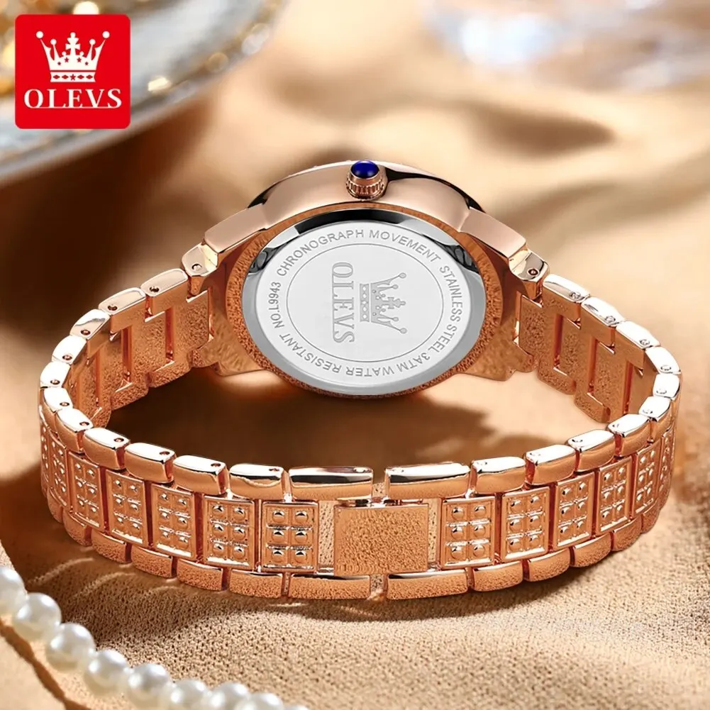 OLEVS 9943 Luxury All Diamond Original Quartz Watch for Women Elegant Rose Gold Stainless Steel Waterproof Ladies Wrist Watches