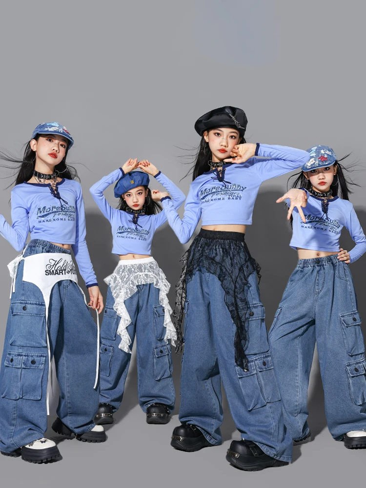 Kpop 2025 meninas roupas jazz hip hop dança traje azul denim calças de carga mangas compridas roupas desempenho dança rua bl18029