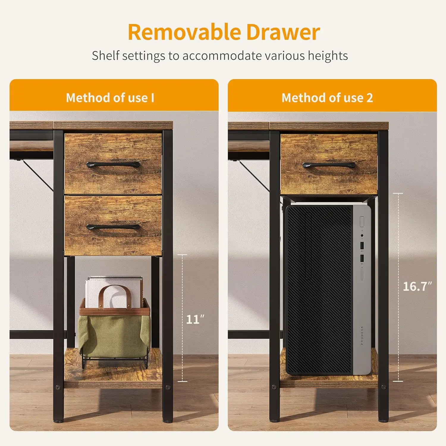 Mesa de computador com 2 gavetas, mesa pequena de escritório doméstico de 40 polegadas, mesa de estudo, marrom rústico