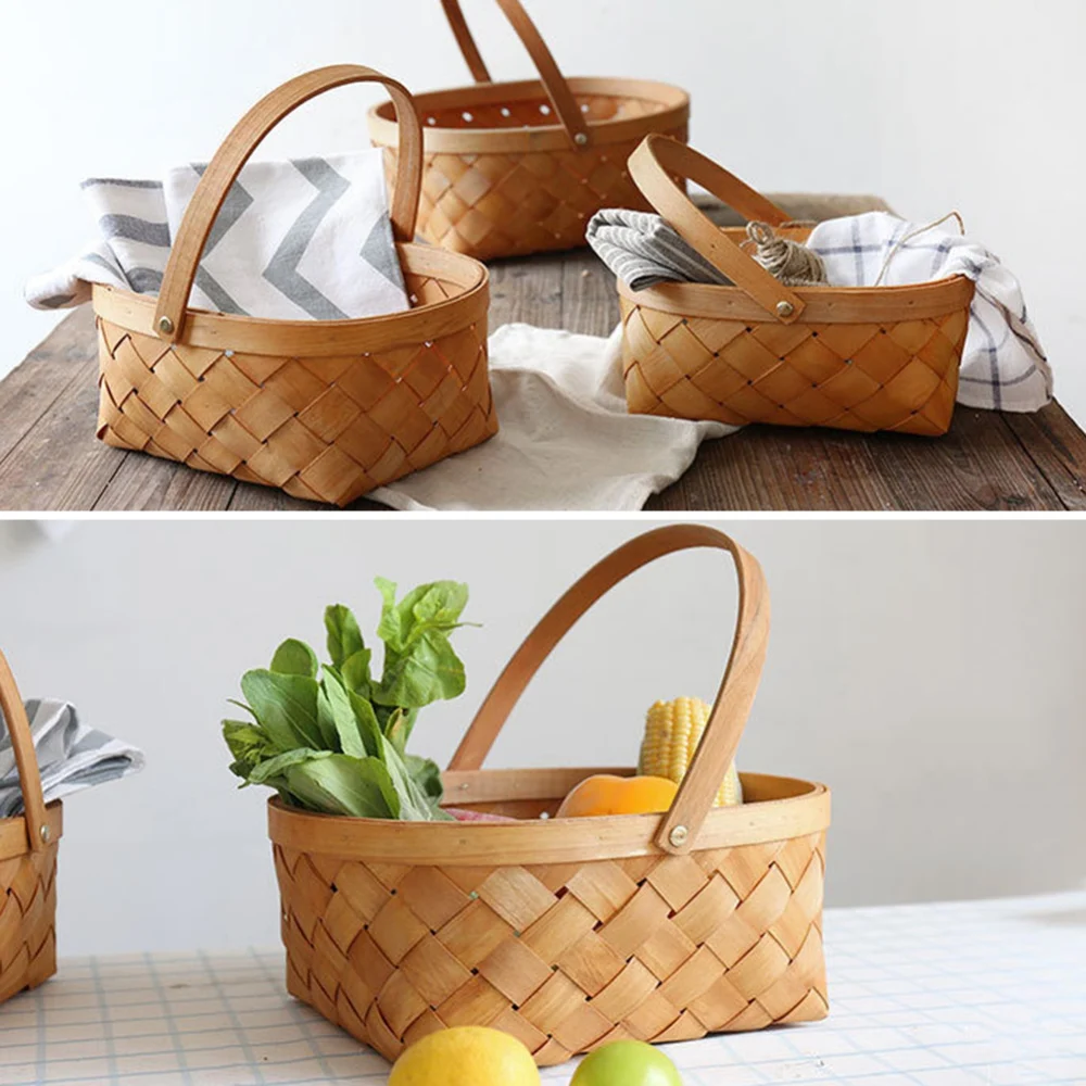 سلة منسوجة يدويًا من رقائق الخشب الطبيعي ، حاوية تنزة ، خبز ، فواكه ، خضروات ، بيض ، سلة تخزين ، زهور