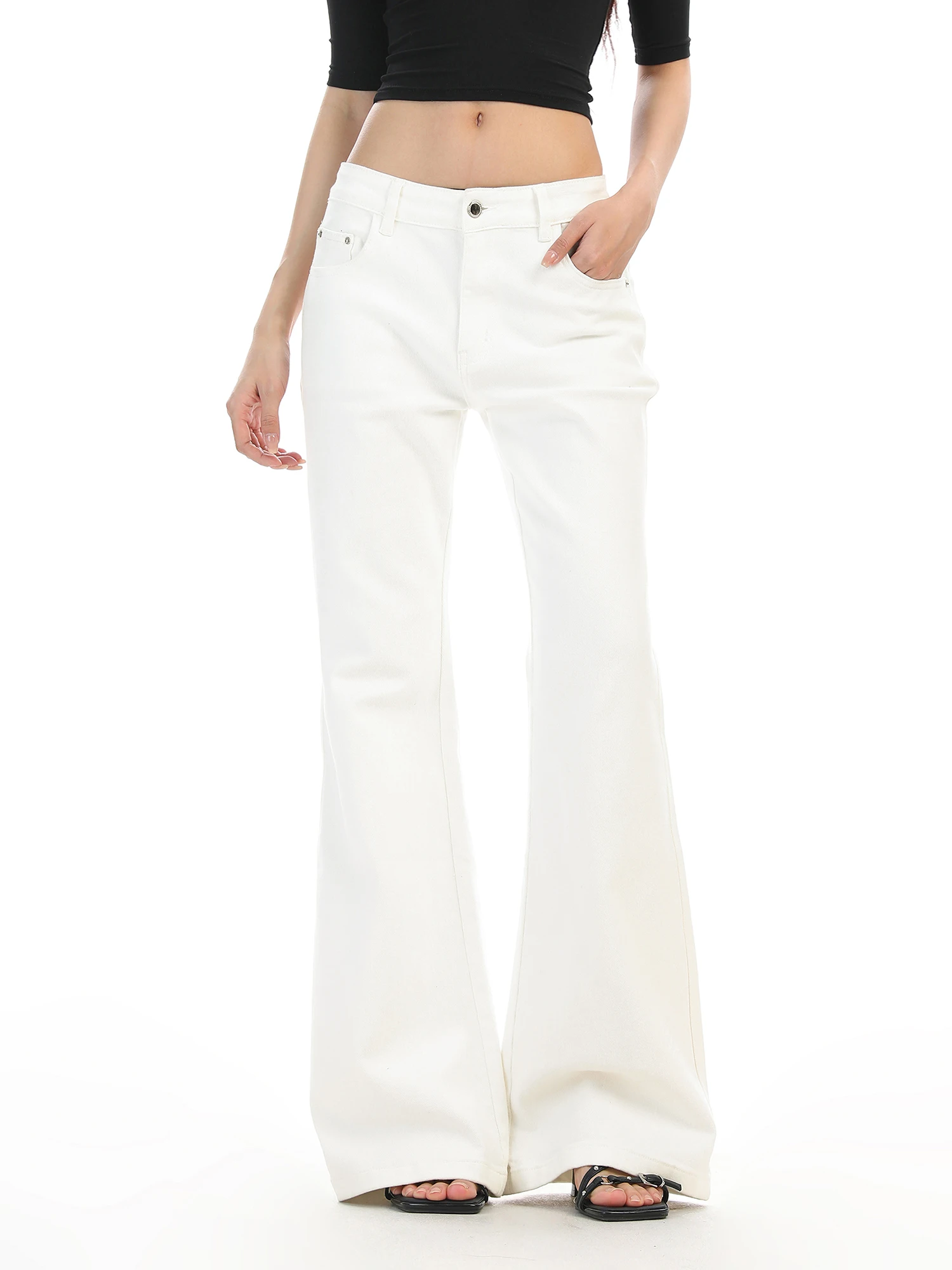 

White Straight Leg Bell Bot Jeans Women's Slimming Casual Basic Match All Long Pants American Sle Slightly Elastic