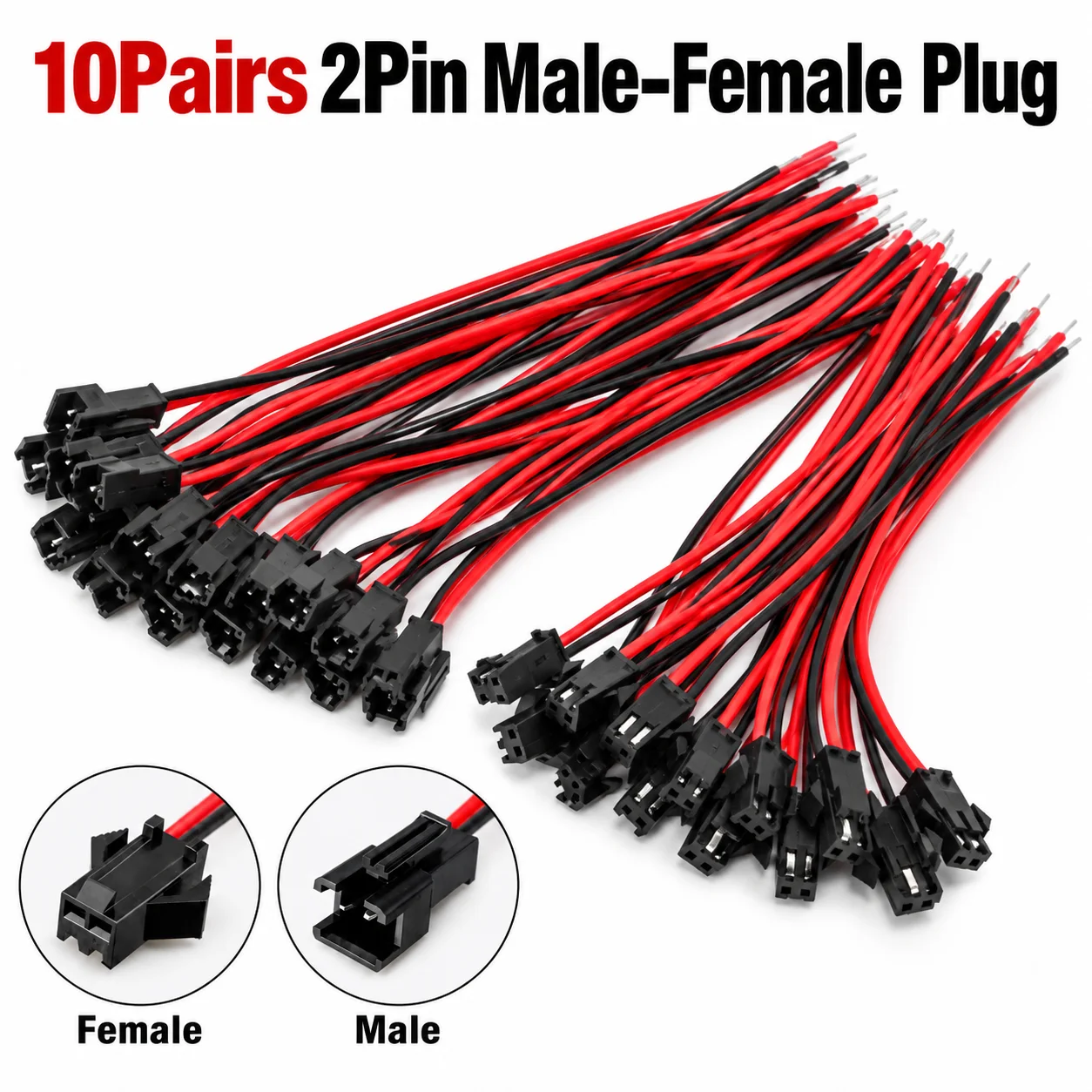 10Pairs 2Pin Male Female Connector Cable 22AWG 0.3mm² 100mm JST Plug Wire Pure Copper for LED Strip Light Lamp Driver Connection