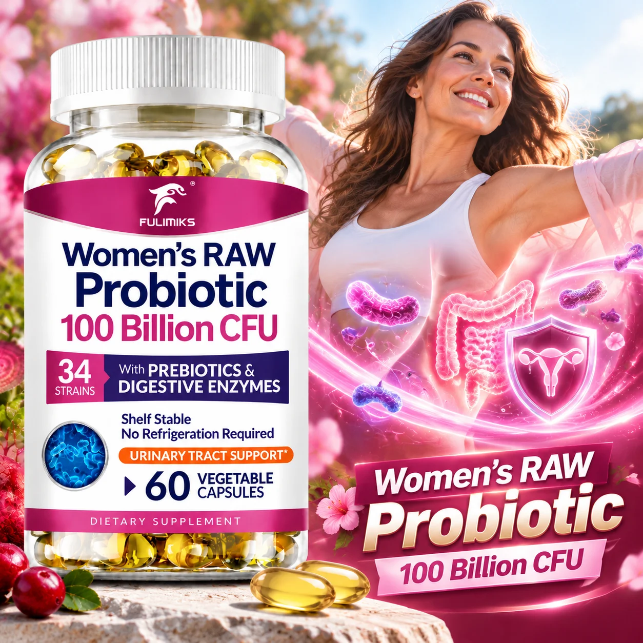 Women's Raw Probiotic Supplement, with Prebiotics, Support Feminine Intimate & Urinary, Bloating Health, Indigestion, Immune