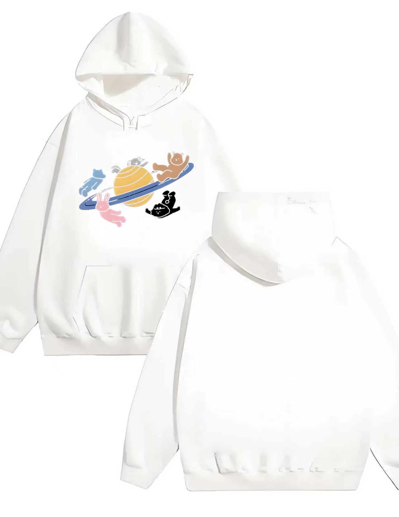 2025 جديد الحيوان كوكب طباعة هوديي 330 جرام الوزن الثقيل الأسود البلوز لطيف الدب الأرنب القط الظهر تصميم للجنسين الشارع الشهير عادية #3