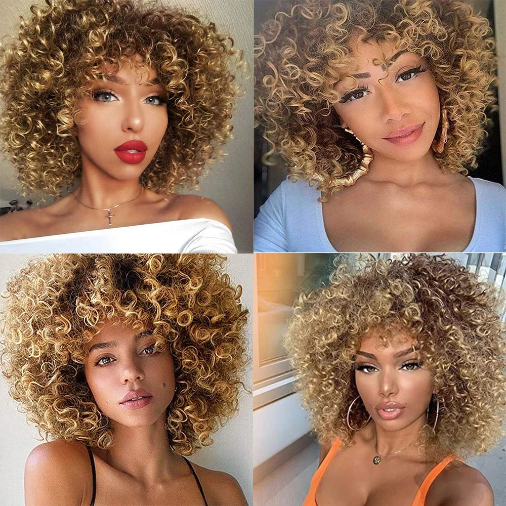 WERD Synthetic Curly Afro Blonde Wig With Bangs Shoulder Length Wigs Afro Kinkys Wigs Synthetic Curly Full Wig For Black Women