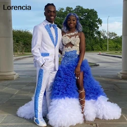 Customized Luxury Royal Blue Ruffles Mermaid Prom Dress For Black Girls Silver Crystals Beaded High Slit Party Gala Gown YPD163