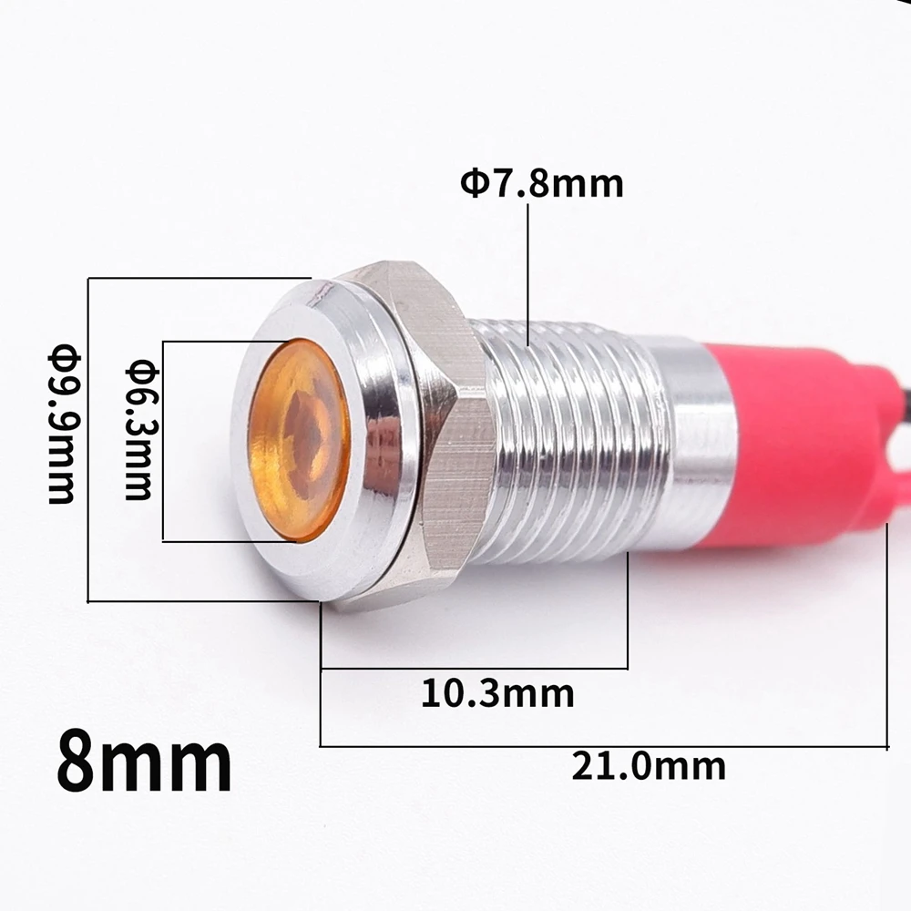 8mm Warning LED Metal Indicator Light Pilot Waterproof Signal Lamp 5V 12V 24V 220v With Wire Red Orange Blue Green White 1Pce