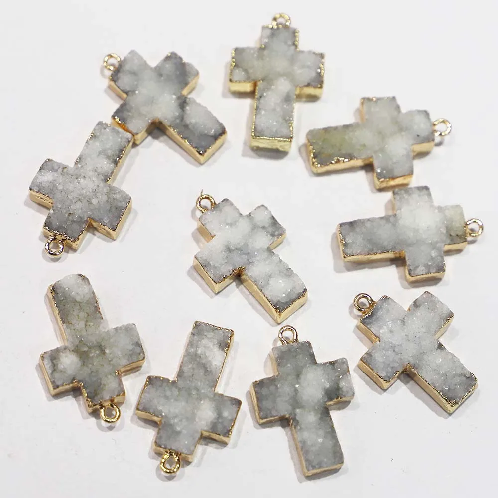 4pcs/lot New Selling Natural Stone White Agate Druzy Cross Pendant Men Women Unisex Charms DIY Fashion Jewelry Necklace Making