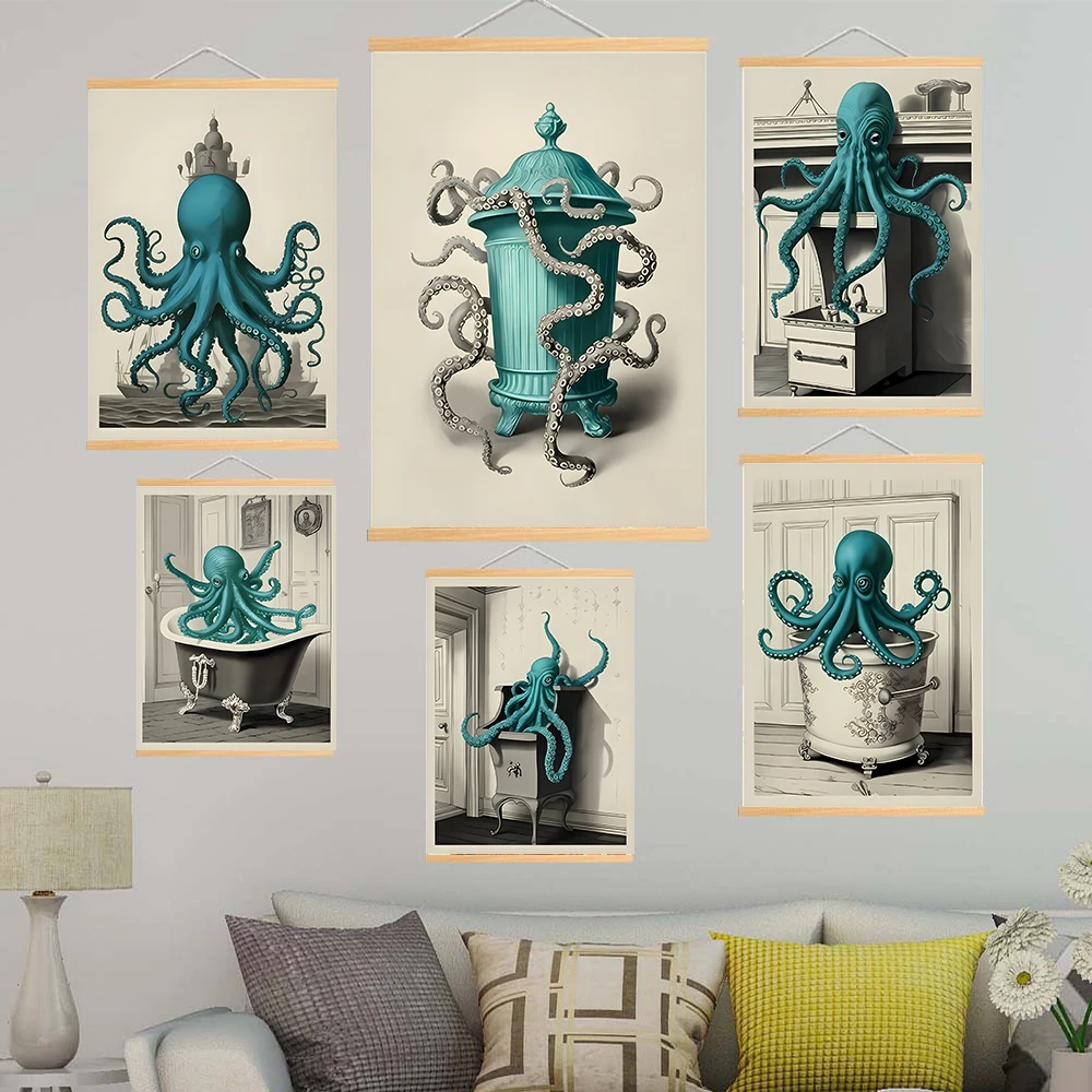 Wood Hanging Scroll Painting Vintage Octopus Bathroom Decor, Nautical Octopus Wall Art Sea Monster Artwork Eid Al-Adha Mubarak