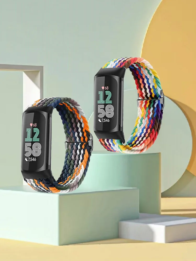 2 Stuks Sport Nylon Gevlochten Band Armbanden Rekbaar Voor Fitbit Charge 5/6 Elastische Band Lus Voor Fitbit Versa 3/4 Smart horloge