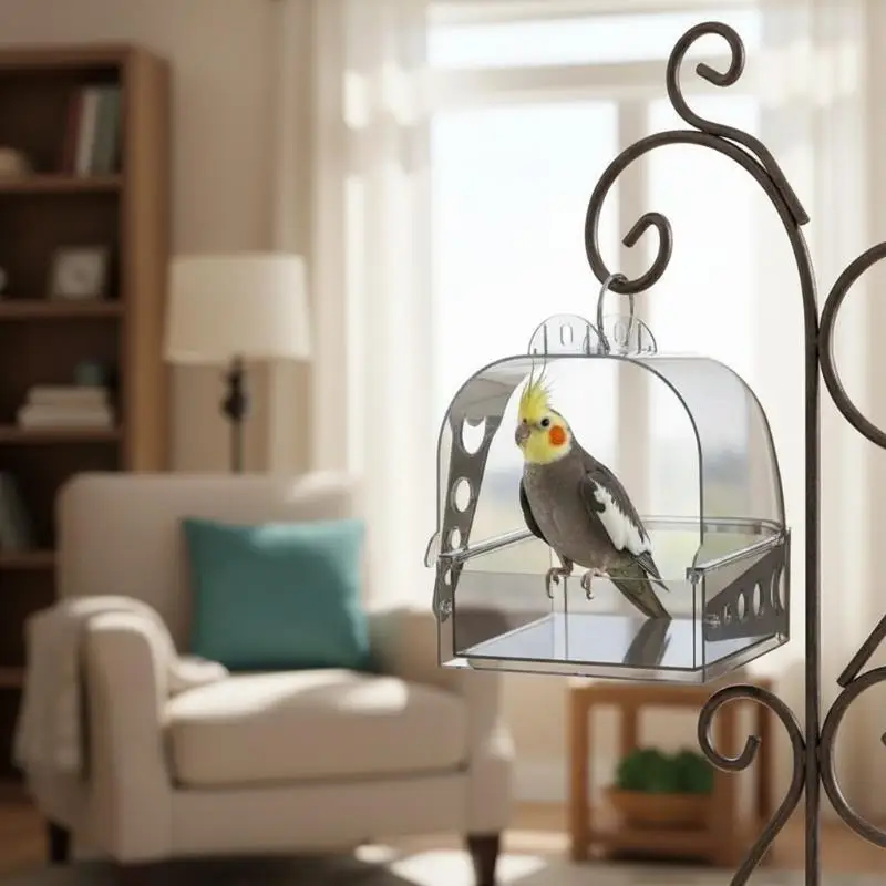Large Transparent Bird Bath Box Removable Drawer Lightweight Durable Perfect Gift for Bird Lover Pet Owners view 4