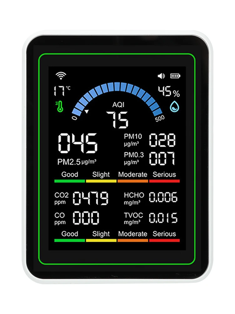 Detektor jakości powietrza Tuya WiFi 10-w-1, monitor CO2, PM0.3, PM1.0, PM2.5, PM10, detektor formaldehydu, miernik temperatury i wilgotności — 2