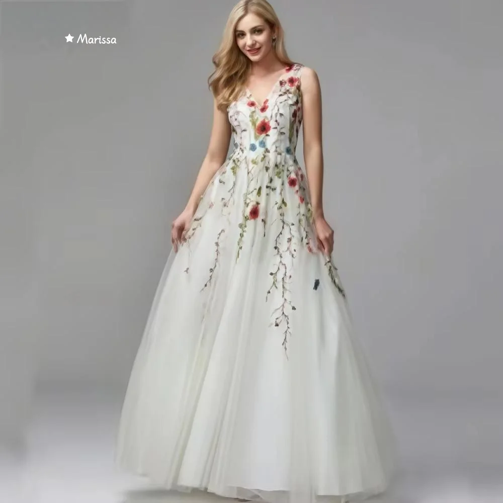 Marissa feito sob encomenda vestidos de noite luxuosos 2025 a linha tule decalque flores com decote em v sem mangas vestidos de ocasião sob medida baile