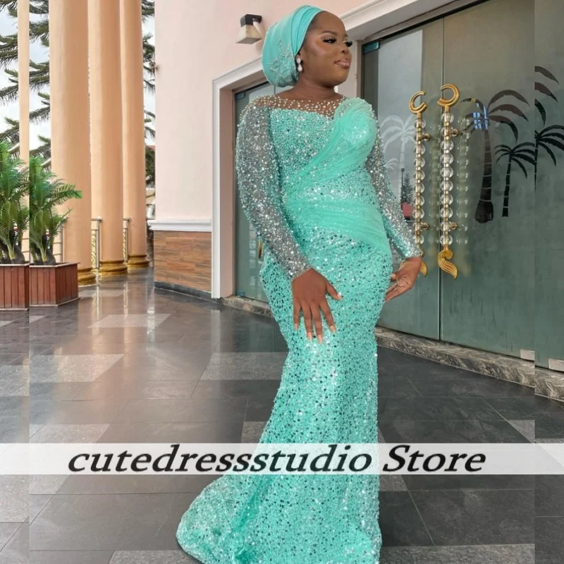 Neue Stil Mint Grün Abendkleid Für Nigerianischen Mädchen Luxuriöse Pailletten Peals Prom Kleider Hochzeit Party Kleider Asoebi Angepasst