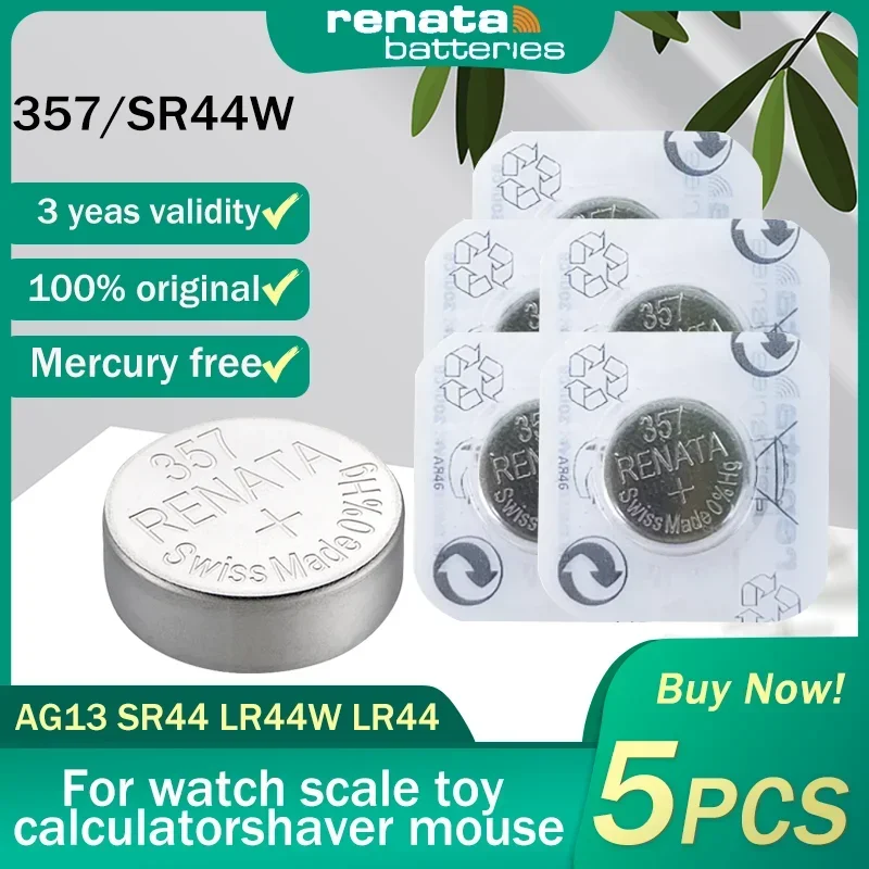 5PCS Renata 357 SR44W 303 AG13 LR44W LR44 1.55V Silver Oxide Watch Battery For Headphone Scale Toys Swiss Made Button Coin Cells