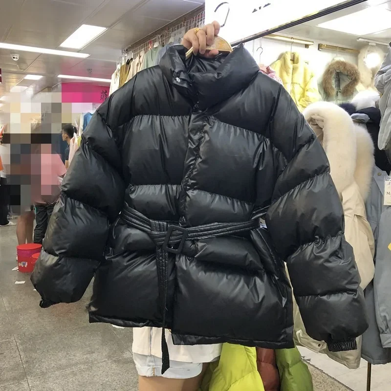 Female Thick Warm Parka Coat Winter Puffer Coat Collar Collar Bubble Coat Korean Cotton Button Down Jacket with Belt Coat Green