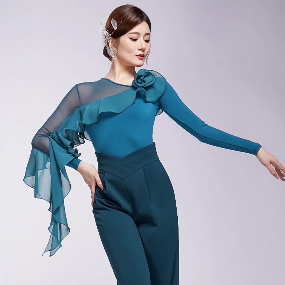 Haut de danse moderne pour femmes, bleu, nouveau châle à volants, GB, noir, pivoine, violet, valse, Biyu, bleu, haut de danse de haute qualité