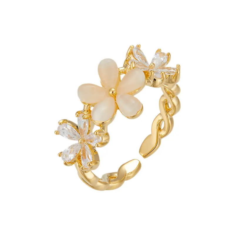 Fashionable three-dimensional flower opening ring with adjustable ring loop