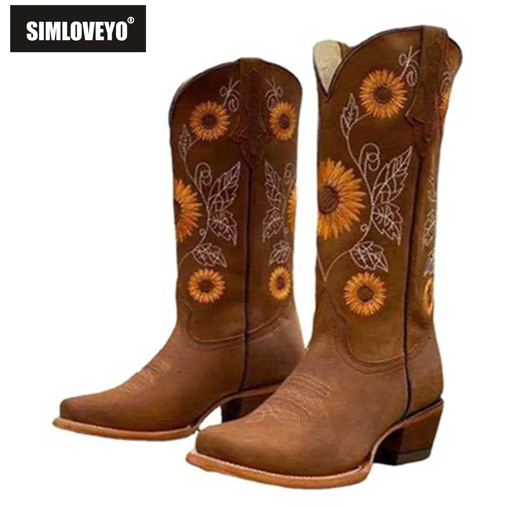 SIMLOVEYO Vintage damskie kowbojskie buty jeździeckie botki duży rozmiar 43. gruby obcas Toe Pull On