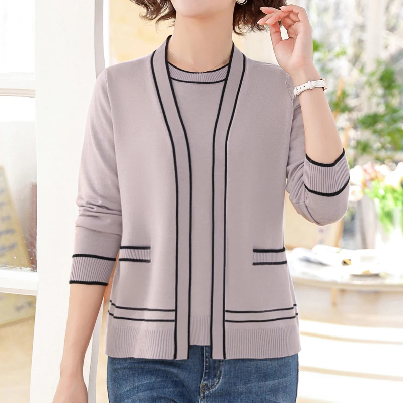 

Two Pieces Sets Sweater Women Autumn Spring Mother Sweater Casual Pull Femme Short Sleeve Top + Cardigans