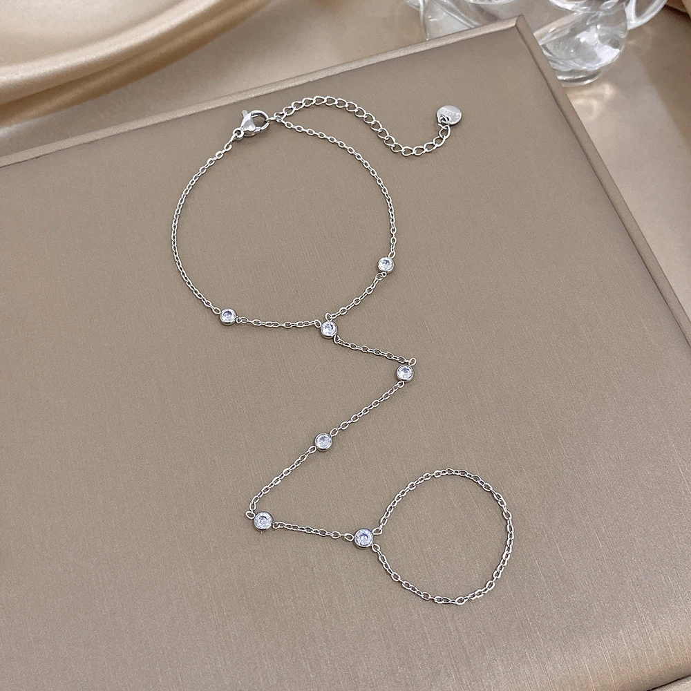Chic Round Beads Zircon Bracelet for Women Gold Silver Color Stainless Steel Link Connected Finger Ring Bracelets Hand Jewelry - view 3