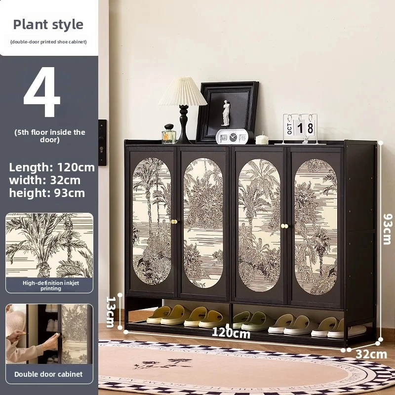 Mid ancient style home multi-layer shoe cabinet, retro style plant painting decoration door shoe cabinet, doorstep shoe cabinet
