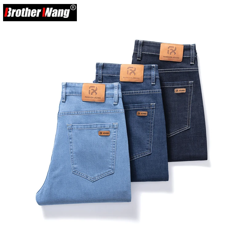 Classic Style Autumn Men's Loose Straight Business Jeans Solid Color Smooth Fabric Denim Stretch Pants Male Brand Clothes Blue