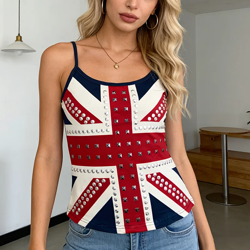 New Y2K Spicy Girl Style National Flag Rivet Strap Tank Top Sexy Slimming Look Slim Outerwear Inner Sleeveless Top