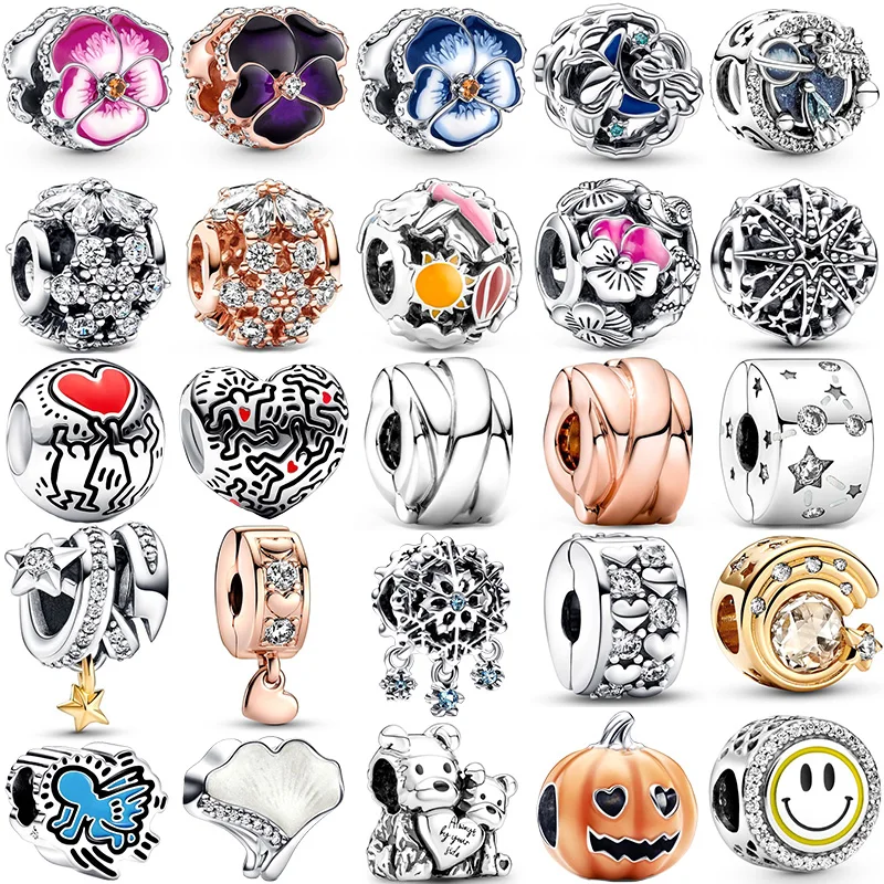 925 Sterling Silver Snowflake Rainbow Puppy Pansy Flower Beads Fit Original Pandora Dangle Charm Bracelet Women DIY Jewelry