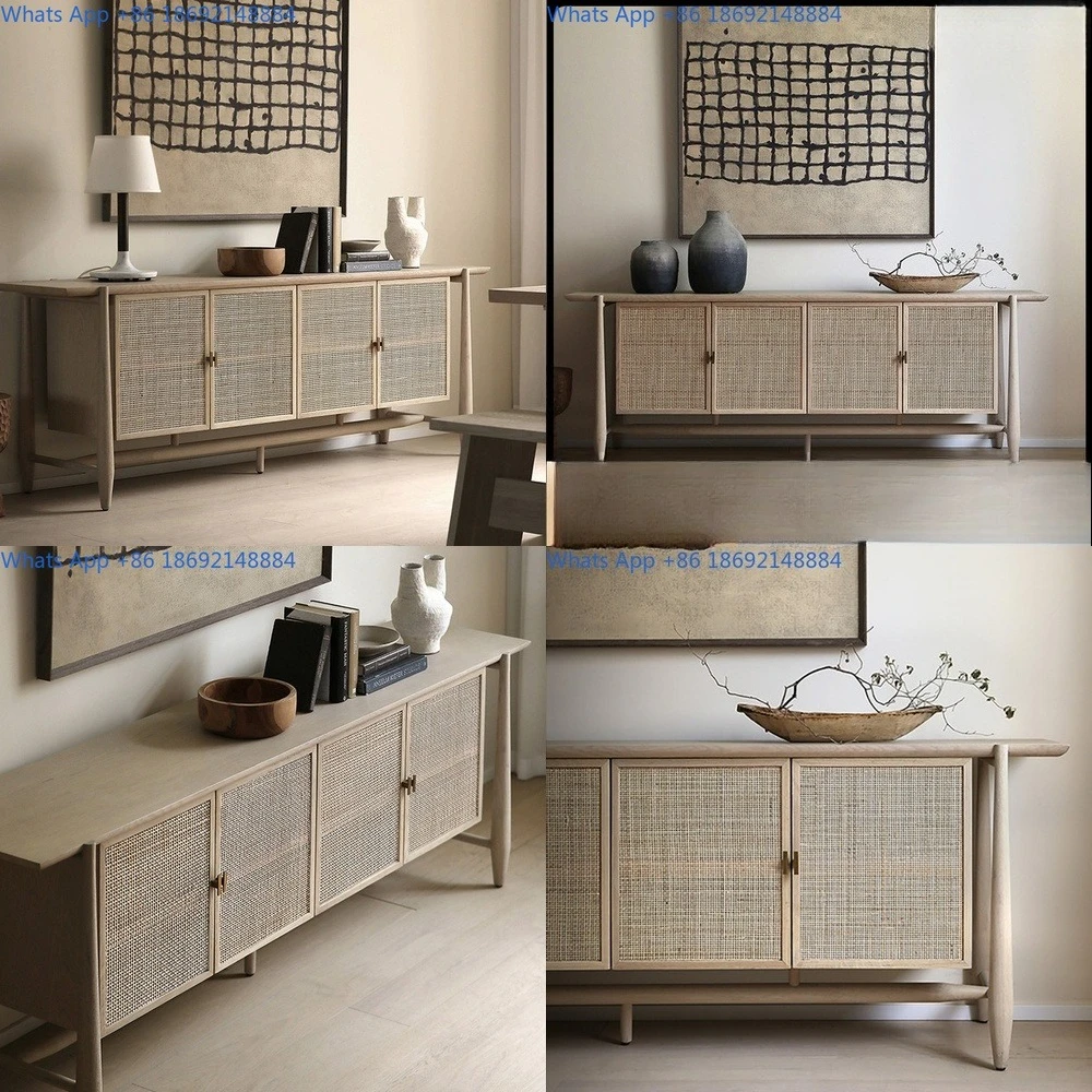

Retro Solid Wood Sideboard Living Room Woven Storage Cabinet Modern Minimalist Home Furniture for Small Spaces