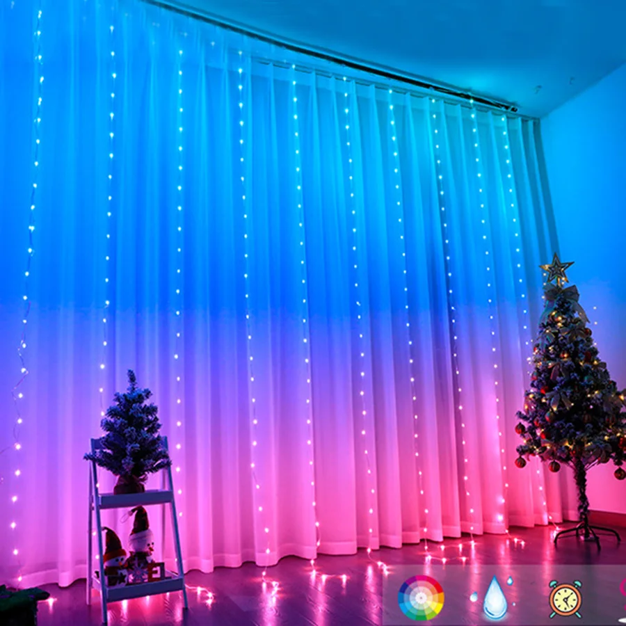 3X3M Christmas Decor LED Curtain Light Color Changing Smart RGB Window String Lights Bluetooth App Rainbow Curtain Fairy Lights