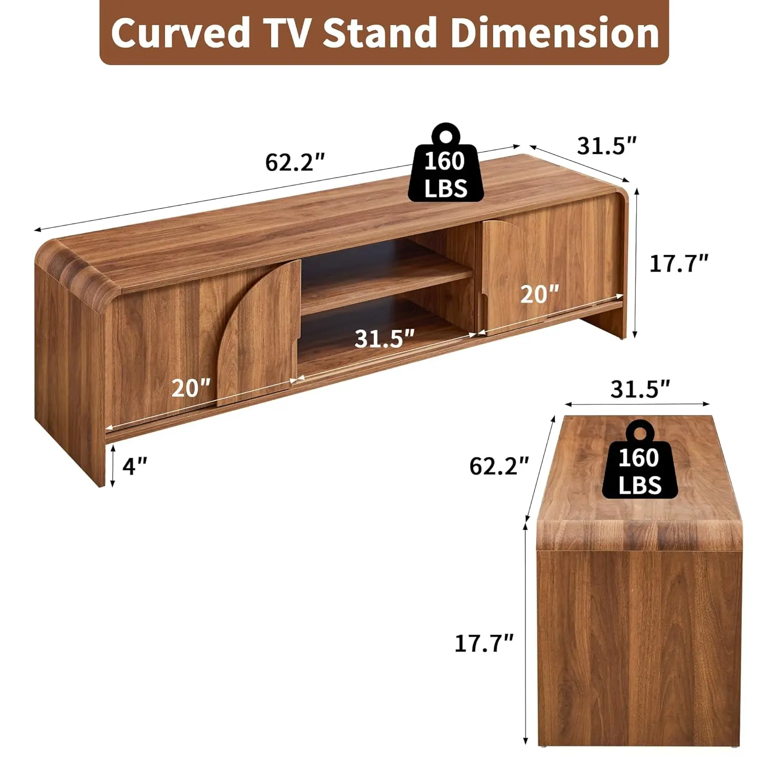 Walnut TV Stand Arched Handle Sliding Door Open Shelf Drawer Entertainment Center Cable Management Wood, Customized