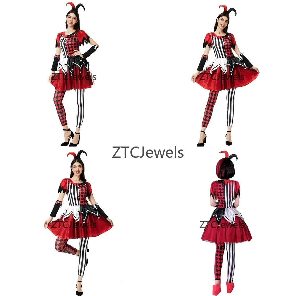 Colorful Jester Outfit Women Circus Clown Carnival Costume for Adults Halloween Cosplay Masquerade Party Accessories M XL