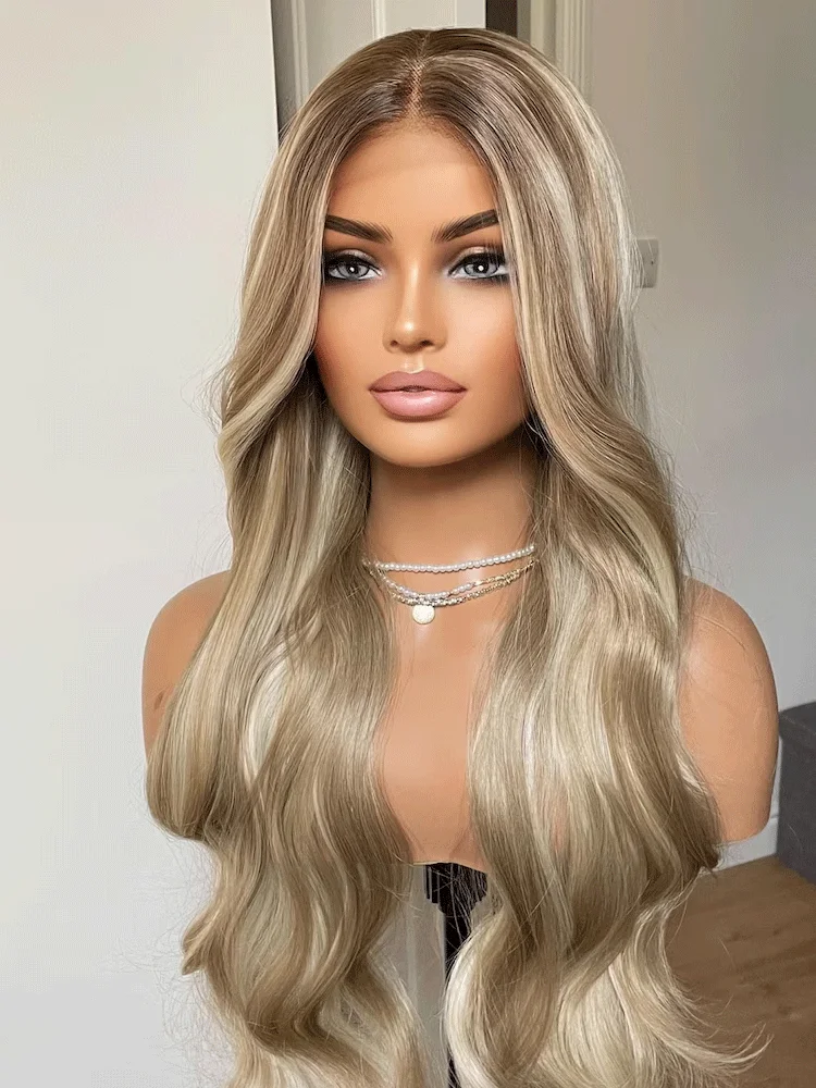 Ash Platinum Blonde Dark Roots Synthetic Lace Front Wig With Preplucked Realistic Hairline Wig Natural Looking Cosplay For Women