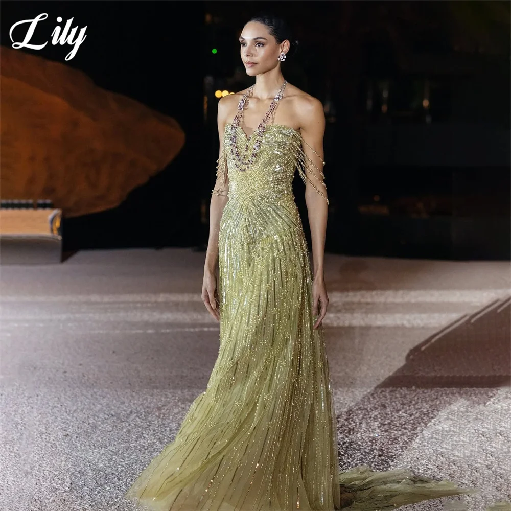 Lily Sage Green Luxury Evening Gown Beaded Chain Shoulder Tulle Prom Dress with Train Glitter Sequin Wedding Dress Customized