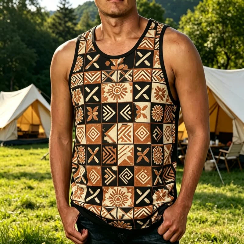 Men's outdoor camping tribal geometric print vest, suitable for summer, date brunch, and garden party occasions ﻿