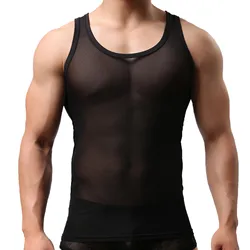 Men Undershirts Sexy Transparent Musle Tank Tops Elastic Vest Man Sleeveless Tops Sheer Fitness T-Shirt Clubwear Singlet Sports