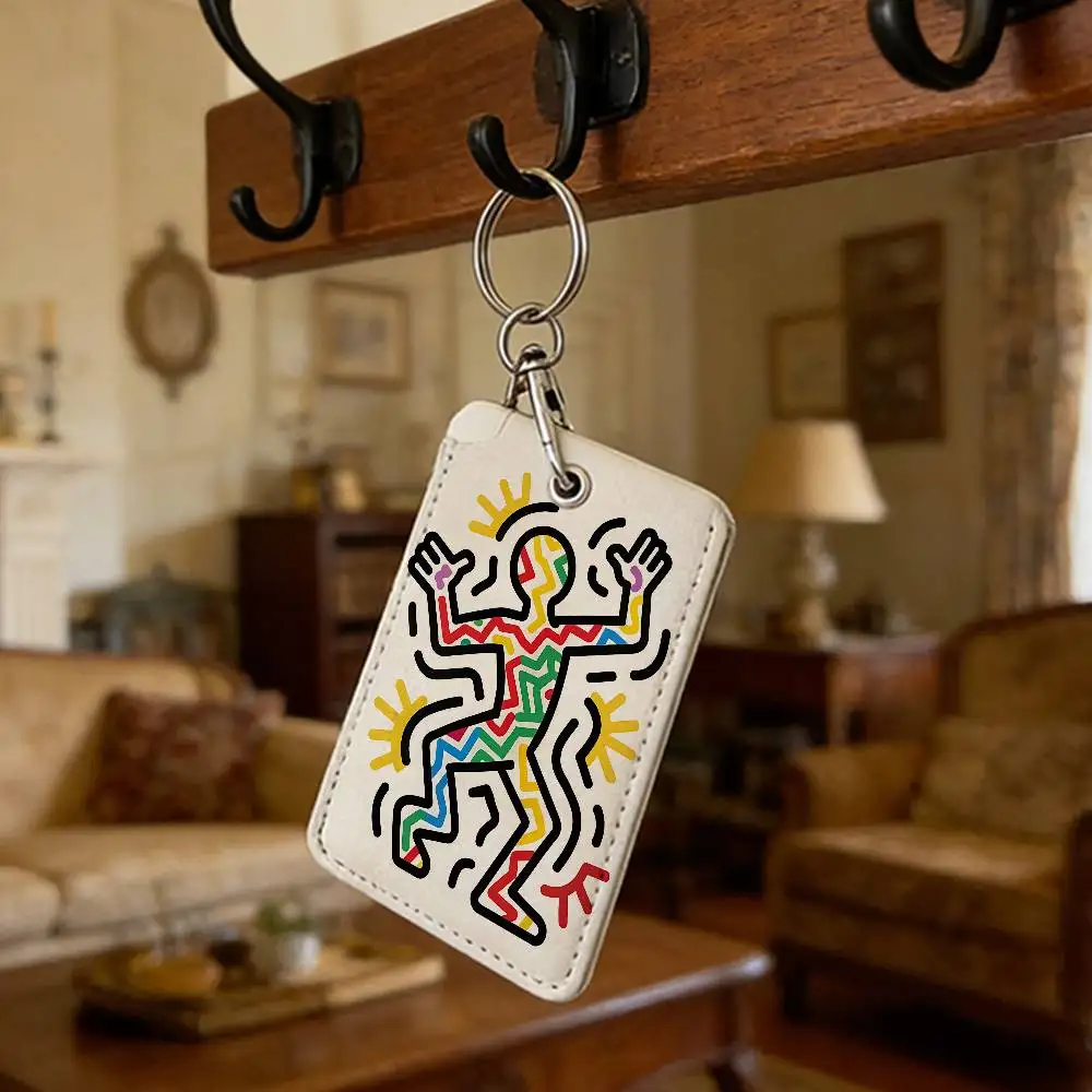 Pop Art K-Keith Haring Rechteckiges Ausweishüllen-Schlüsselanhänger-Set, Kartenetui, Schlüsselanhänger, Leder-Kartenhalter, Schlüsselring, Ausweishalter – Detail 6