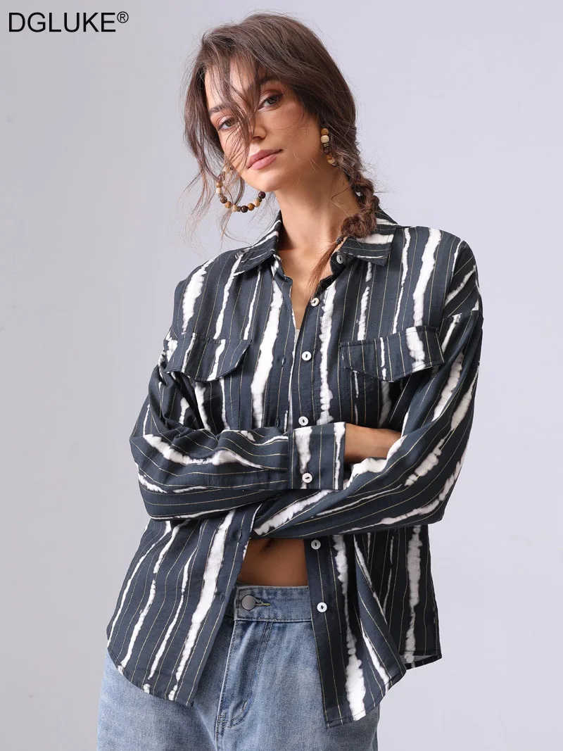 DGLUKE 2025 New Striped Shirt Women Collared Neckline Long Sleeve Oversized Shirt Curved Hem Button-Down Blouse With Pockets