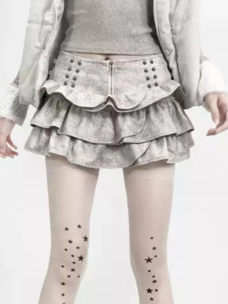 الموضة الفرنسية Y2K خمر الجلد المدبوغ رصع تنورة صغيرة المرأة الخريف الشتاء الرجعية الجرونج نفخة كعكة تنورة تصميم تحسس تنورة قصيرة #4