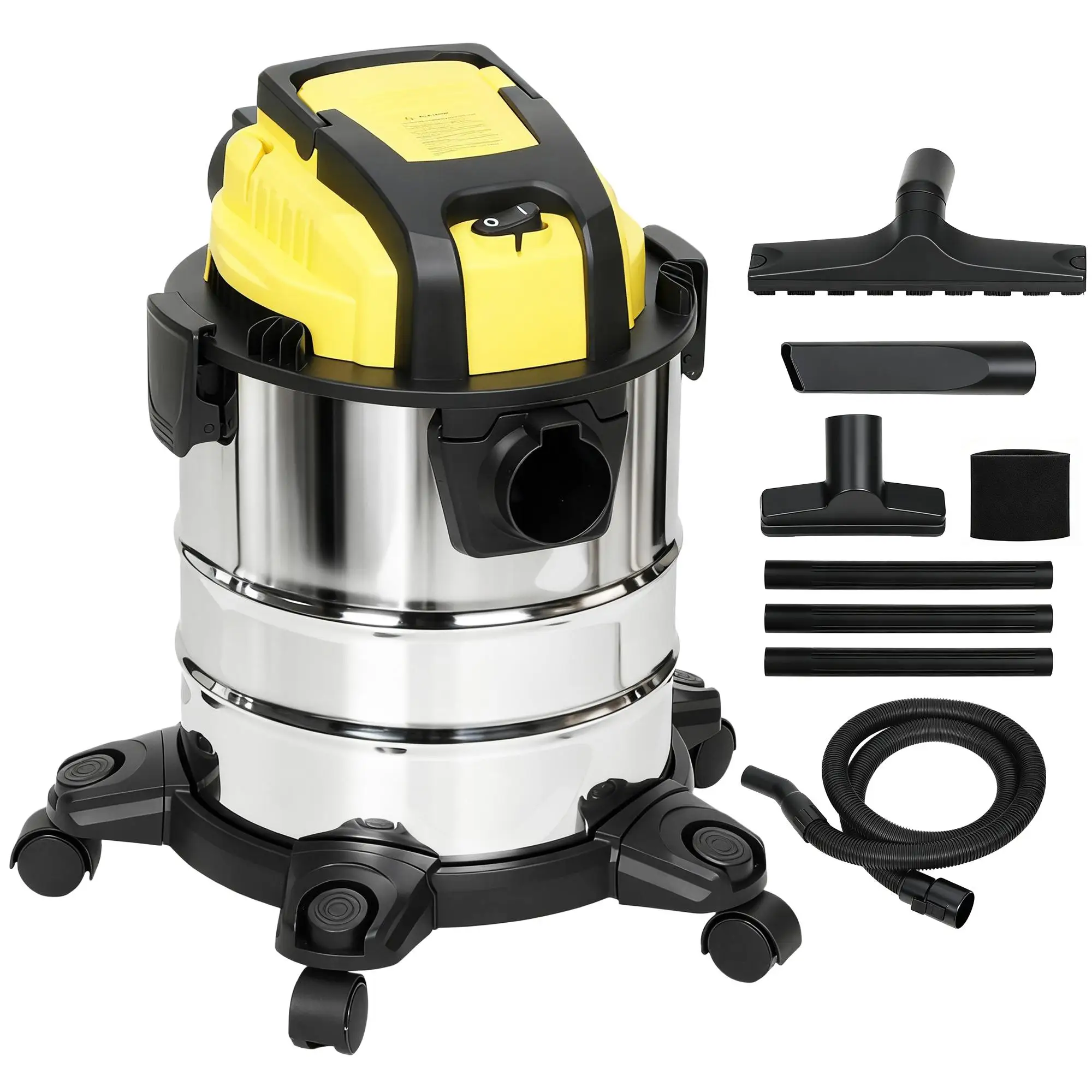 3-in-1 Nass-Trockensauger 1200W Edelstahlbehälter 20L Dreifachfilter Schlauch 2m Gelb