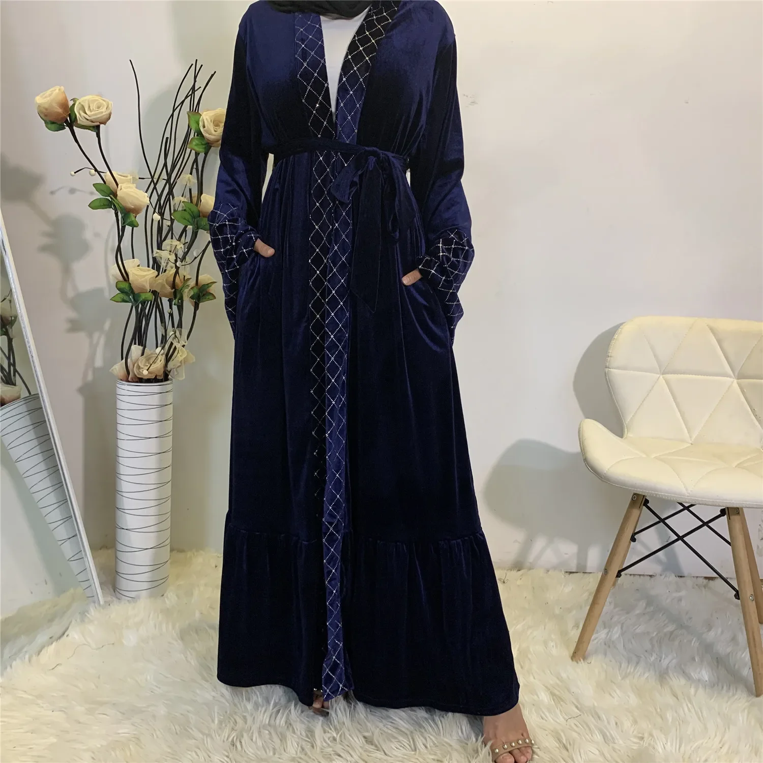 Corduroy Velvet Cardigan Abaya for Women Autumn and Winter Long Sleeve Abayas Solid Warmth Muslim Dress Women Eid Caftan Evening