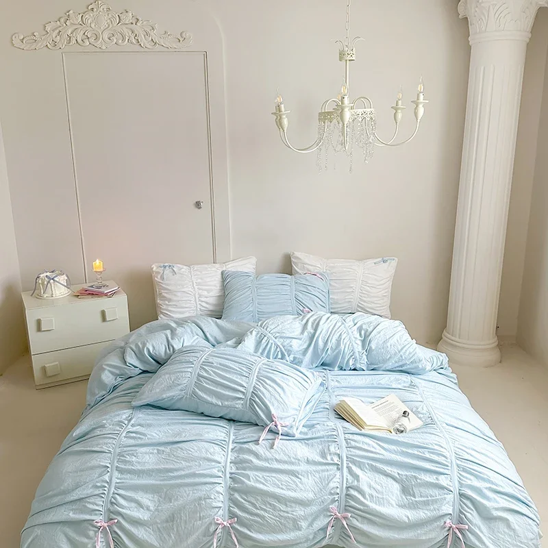 

MissDeer Soft Bedsheet Set Solid Color Bedding Girls Room Bed Linen Set 침구세트 Bowknot Bedclothes Duvet Cover Set parure de lit